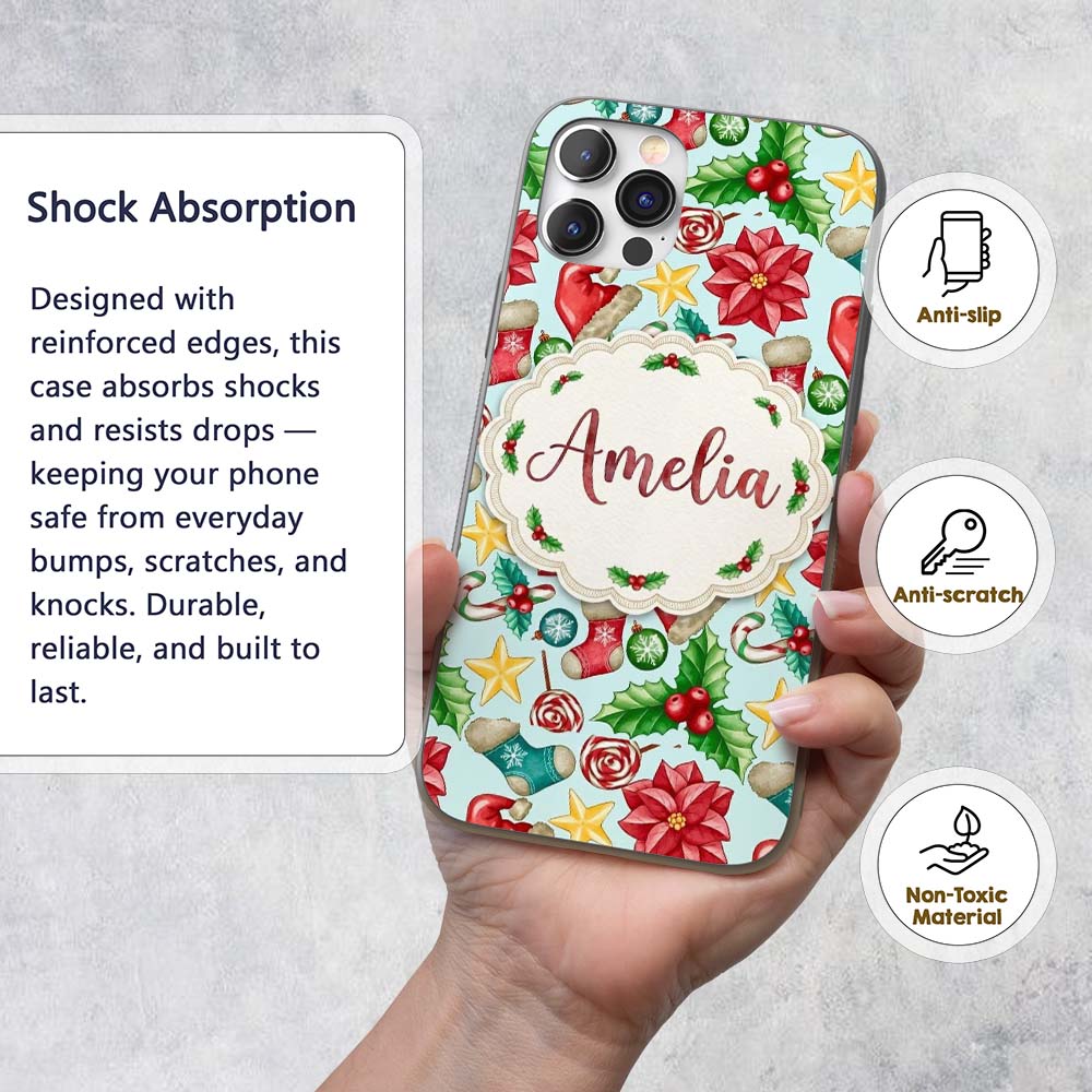 Cute Christmas Poinsettia Holly Printed Design Custom Name Protective Phone Case Mobile Cover Durable Everyday Smartphone Shock Resistant