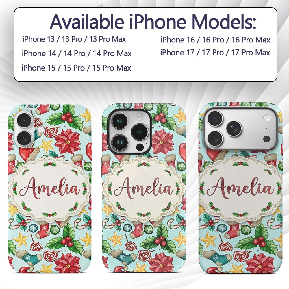Cute Christmas Poinsettia Holly Printed Design Custom Name Protective Phone Case Mobile Cover Durable Everyday Smartphone Shock Resistant