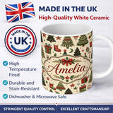 Personalized Custom Name Elegant Christmas Trees Baubles Stars Seamless Pattern Festive 11oz Ceramic Coffee Tea Mug White Large Handle