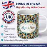 Personalized Custom Name Abstract Diamond Mosaic Seamless Pattern in Teal Orange Blue Lovely 11oz Ceramic Coffee Tea Mug White Large Handle