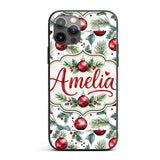 Watercolor Red Bauble Pine Leaf Berry Holiday Custom Name Protective Phone Case Mobile Cover Durable Everyday Smartphone Shock Resistant