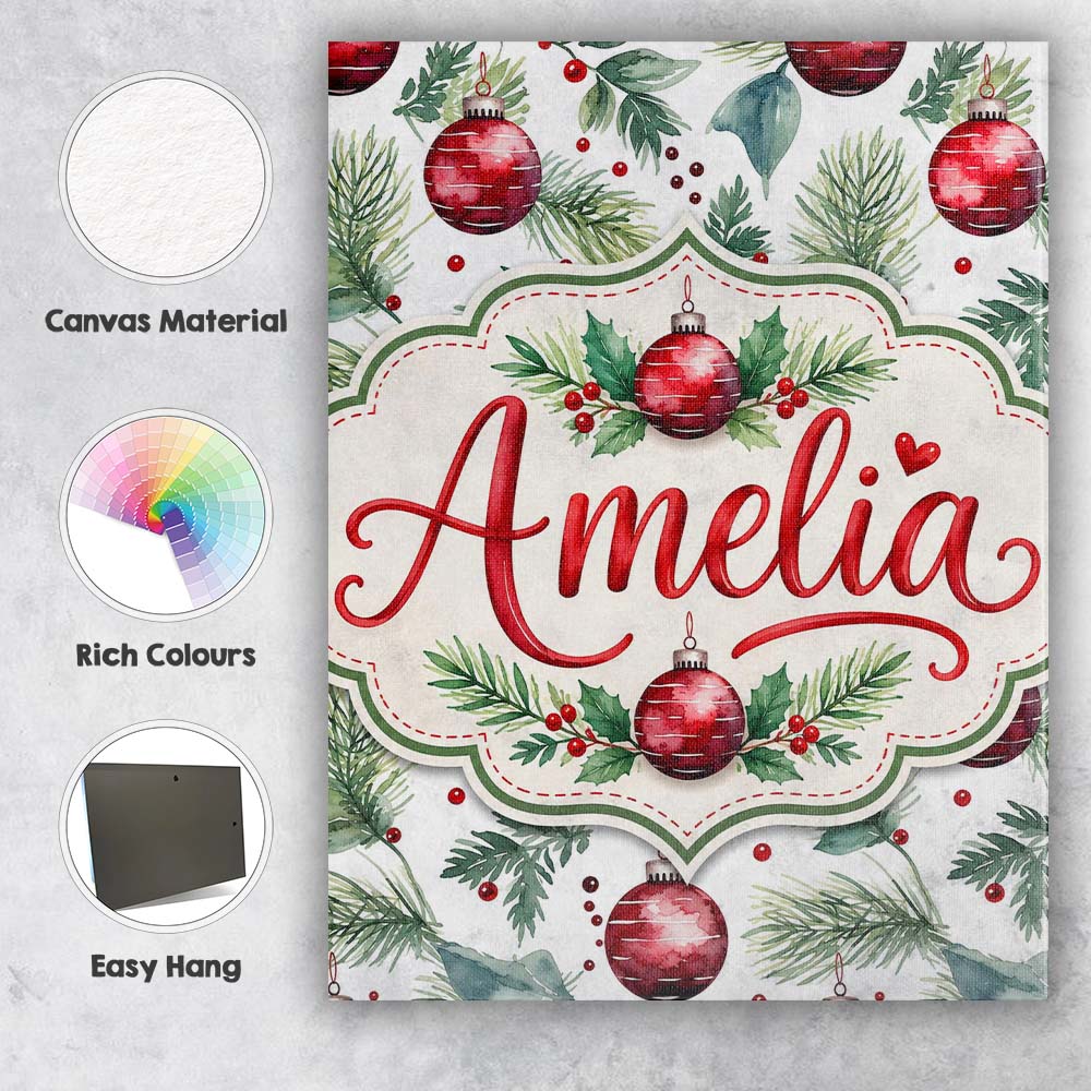 Personalised Name Watercolor Red Bauble Custom  Modern Room Accent Elegant Feature Canvas Wall Art Print Decor Picture Ready to Hang