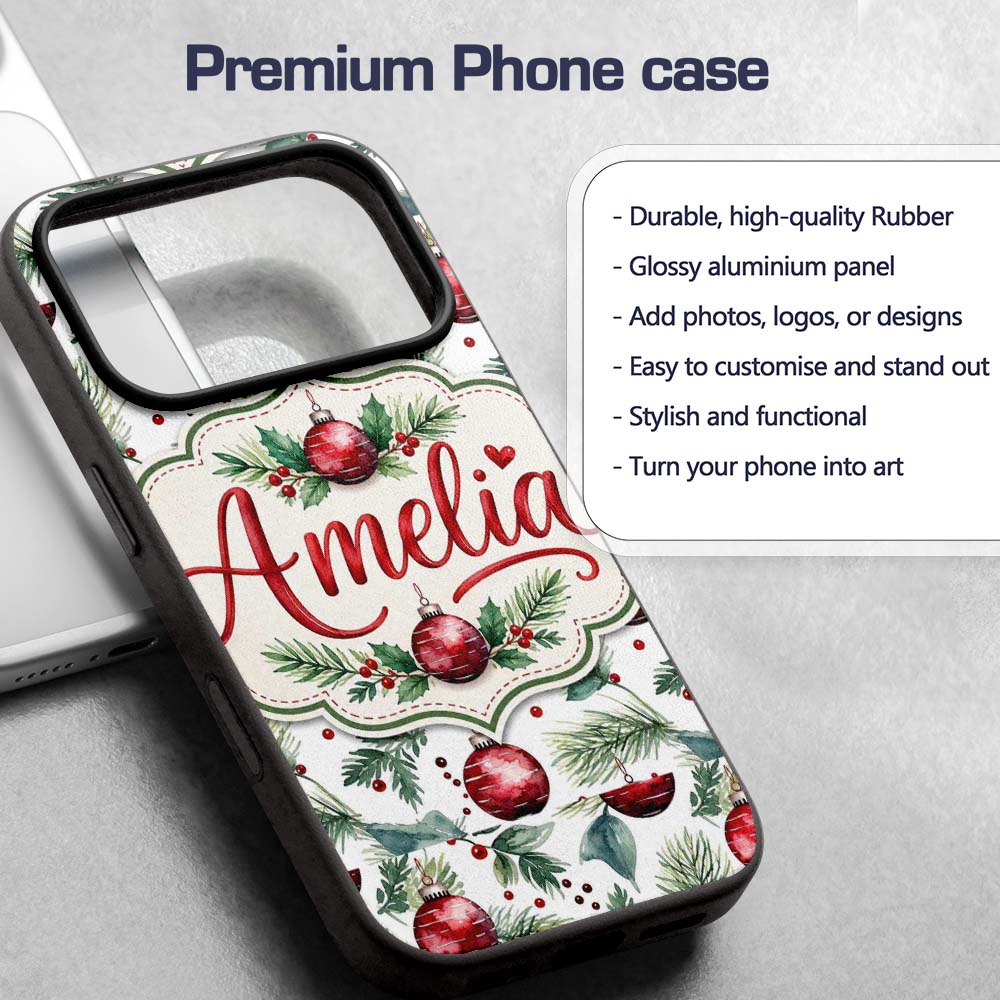 Watercolor Red Bauble Pine Leaf Berry Holiday Custom Name Protective Phone Case Mobile Cover Durable Everyday Smartphone Shock Resistant