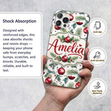 Watercolor Red Bauble Pine Leaf Berry Holiday Custom Name Protective Phone Case Mobile Cover Durable Everyday Smartphone Shock Resistant