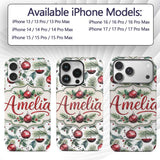 Watercolor Red Bauble Pine Leaf Berry Holiday Custom Name Protective Phone Case Mobile Cover Durable Everyday Smartphone Shock Resistant
