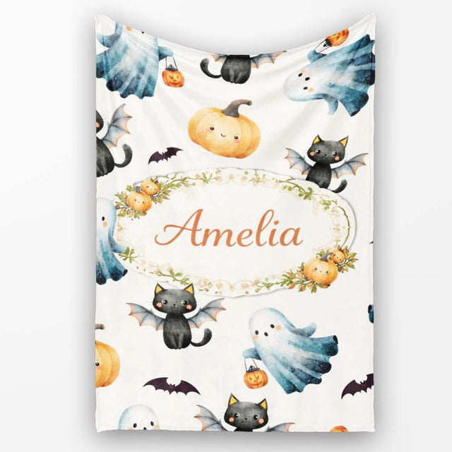 Halloween Ghost Pumpkin Cat Seamless Pattern Light Grey Cute Spooky  Personalised Custom Name Super Soft Fleece Blanket Bed Sofa Throw