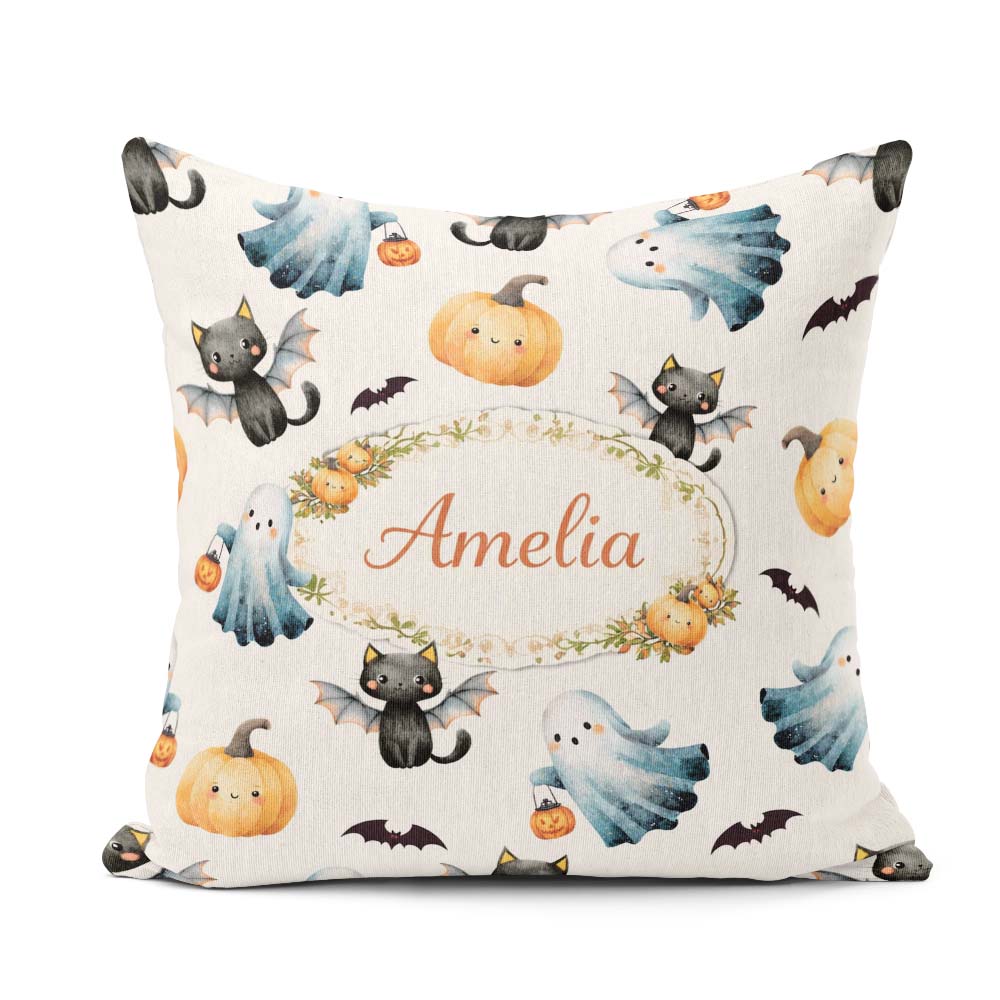 Custom Name Ghost Pumpkin Cat Seamless Pattern Light Grey Spooky Square Filled Cushion Throw Pillow Sofa Bed Home Decor Zip Washable UK Made