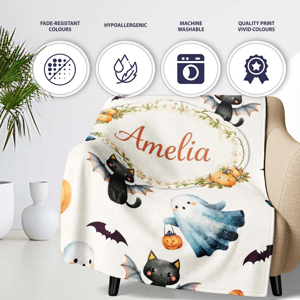 Halloween Ghost Pumpkin Cat Seamless Pattern Light Grey Cute Spooky  Personalised Custom Name Super Soft Fleece Blanket Bed Sofa Throw
