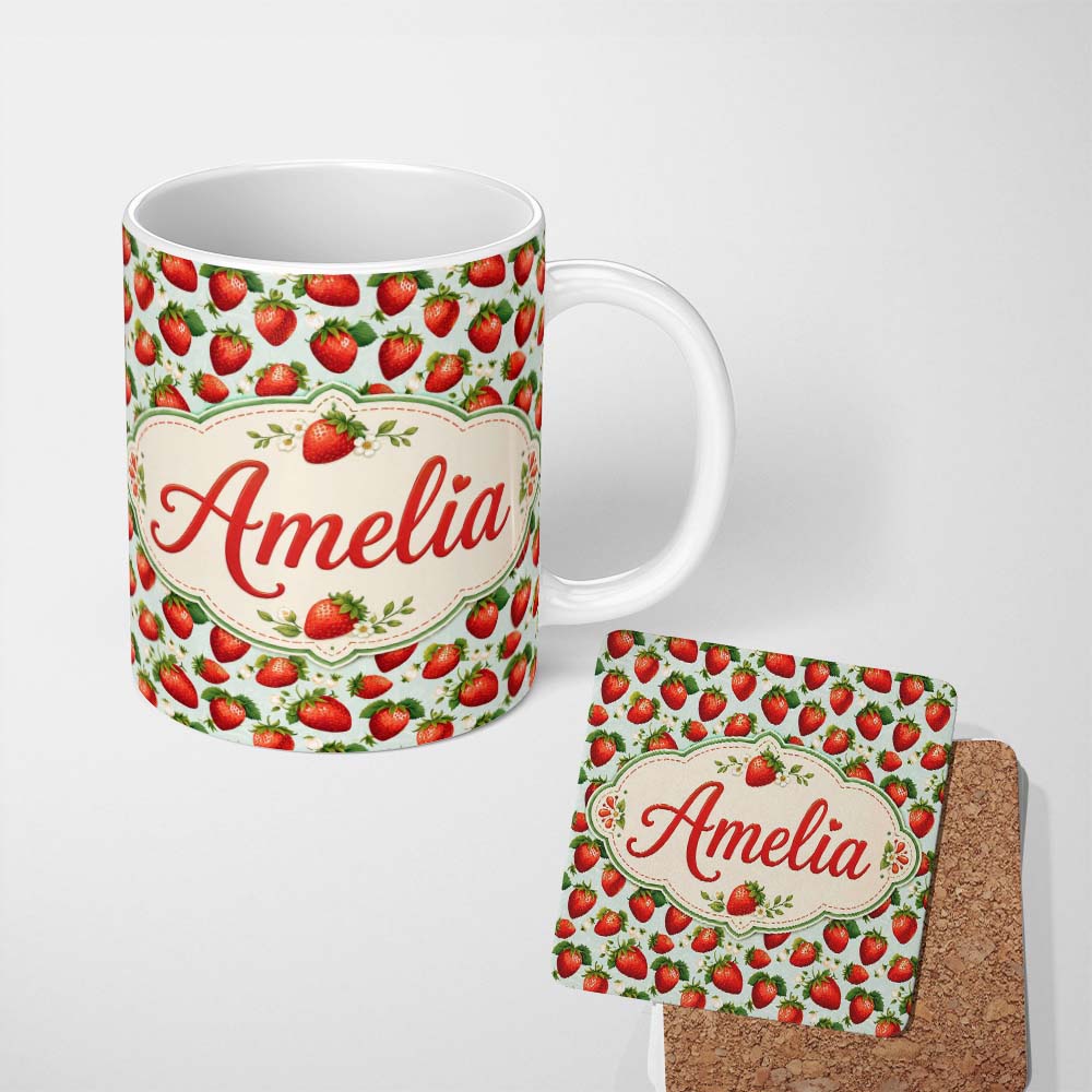 Personalized Custom Name Fresh Strawberries and Leaves on Soft Sage Green Background Seamless 11oz Ceramic Coffee Tea Mug White Large Handle