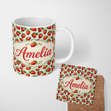 Personalized Custom Name Fresh Strawberries and Leaves on Soft Sage Green Background Seamless 11oz Ceramic Coffee Tea Mug White Large Handle