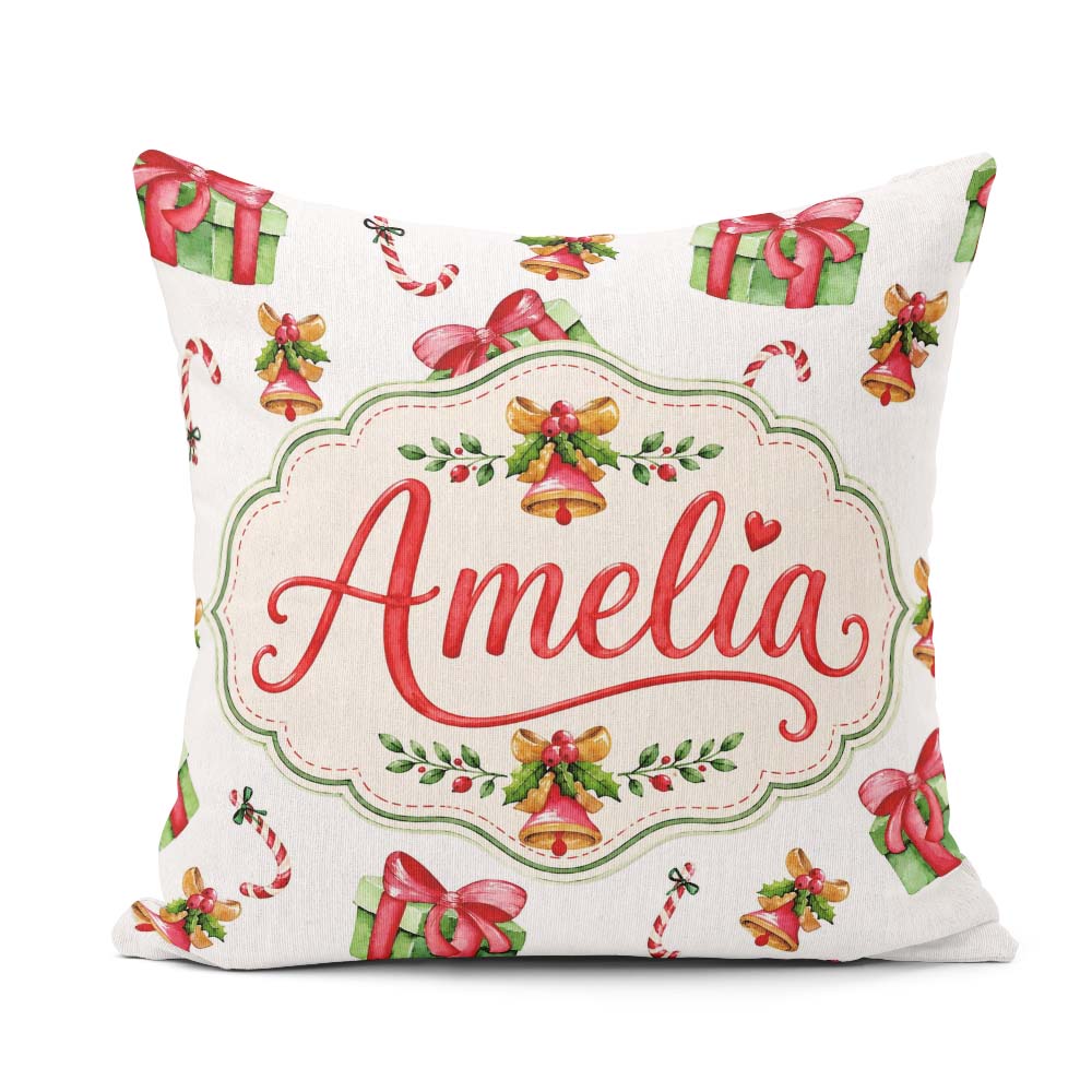 Custom Name Watercolor Gift Box Candy Cane Bell Seamless Pattern Square Filled Cushion Throw Pillow Sofa Bed Home Decor Zip Washable UK Made