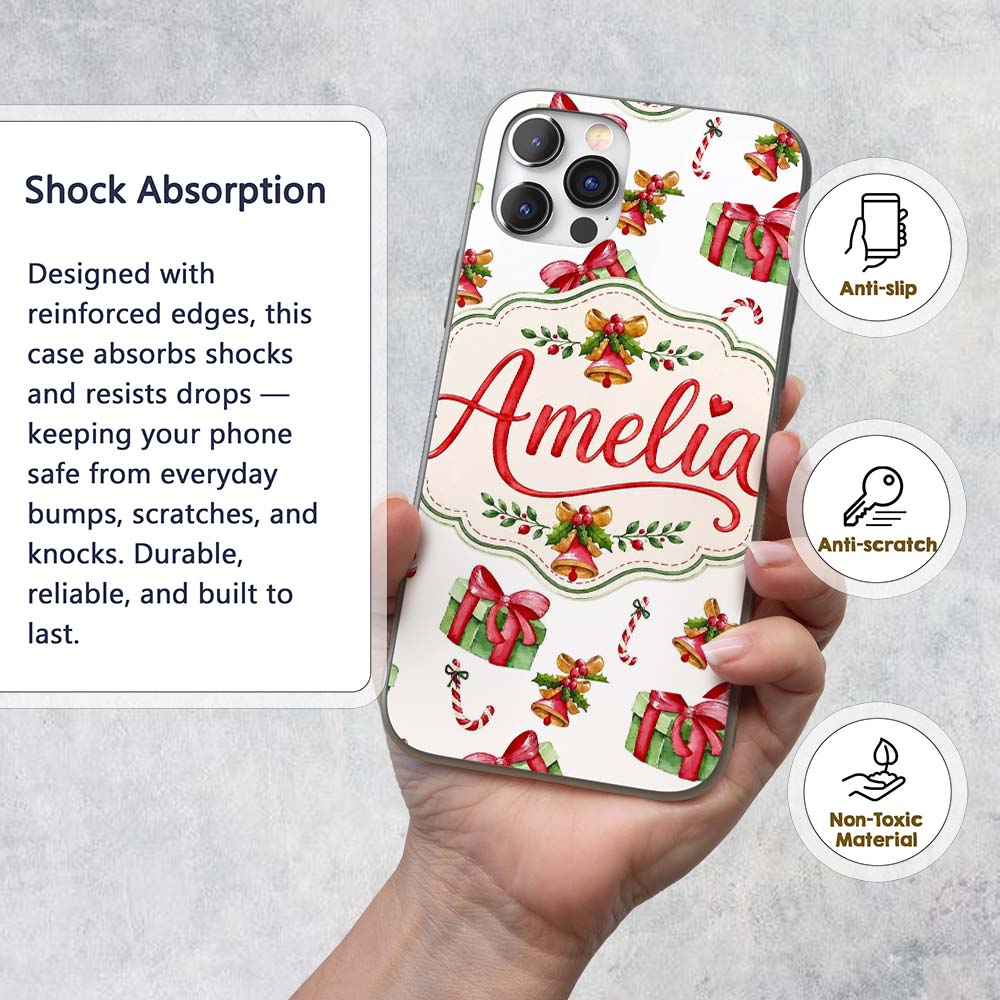 Watercolor Christmas Gift Box Candy Cane Bell Custom Name Protective Phone Case Mobile Cover Durable Everyday Smartphone Shock Resistant