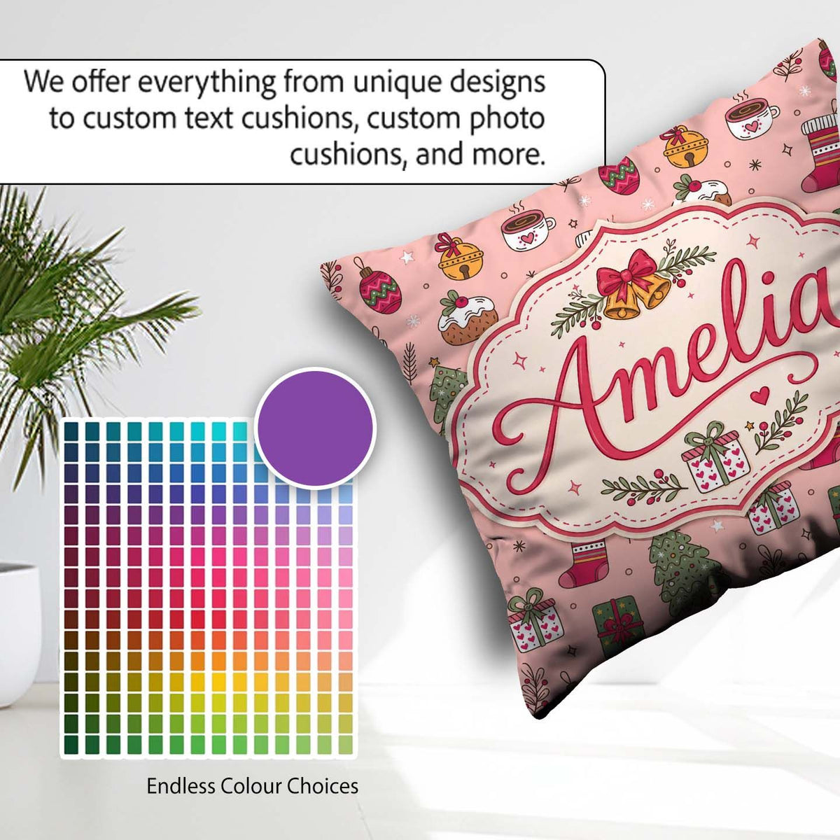 Custom Name Cute Christmas Tree Cupcake Ornament Pink Seamless Square Filled Cushion Throw Pillow Sofa Bed Home Decor Zip Washable UK Made