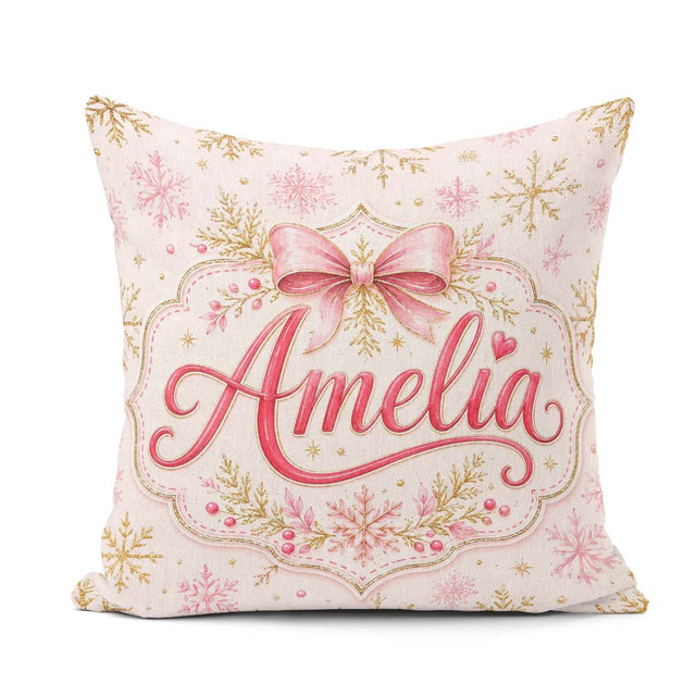 Custom Name Elegant Gold Snowflake Pink Festive Seamless Pattern Square Filled Cushion Throw Pillow Sofa Bed Home Decor Zip Washable UK Made