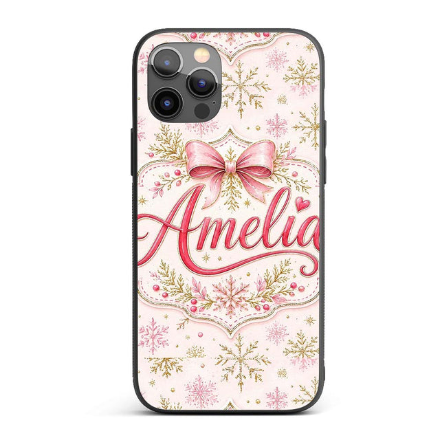 Elegant Gold Snowflake Pink Winter Printed Design Custom Name Protective Phone Case Mobile Cover Durable Everyday Smartphone Shock Resistant