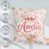 Custom Name Elegant Gold Snowflake Pink Festive Seamless Pattern Square Filled Cushion Throw Pillow Sofa Bed Home Decor Zip Washable UK Made