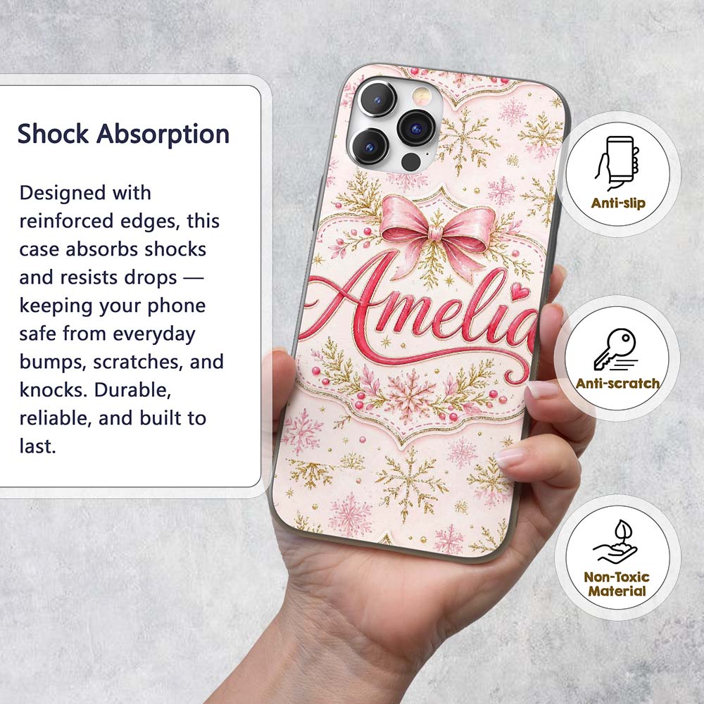 Elegant Gold Snowflake Pink Winter Printed Design Custom Name Protective Phone Case Mobile Cover Durable Everyday Smartphone Shock Resistant