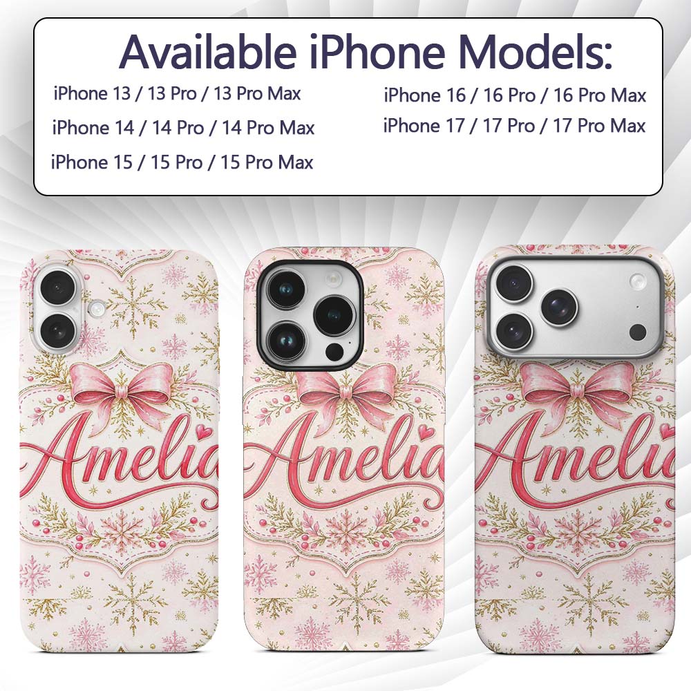 Elegant Gold Snowflake Pink Winter Printed Design Custom Name Protective Phone Case Mobile Cover Durable Everyday Smartphone Shock Resistant