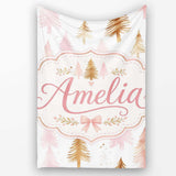 Elegant Pink and Gold Christmas Tree Watercolor Seamless Pattern  Personalised Custom Name Super Soft Fleece Blanket Bed Sofa Throw