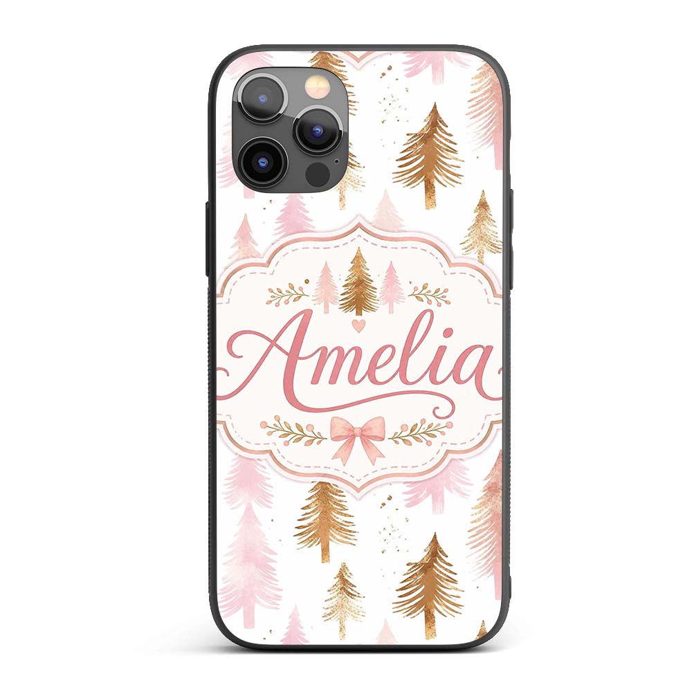 Elegant Pink and Gold Christmas Tree Watercolor Custom Name Protective Phone Case Mobile Cover Durable Everyday Smartphone Shock Resistant