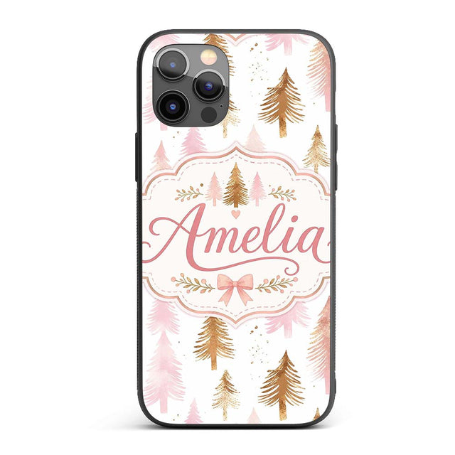 Elegant Pink and Gold Christmas Tree Watercolor Custom Name Protective Phone Case Mobile Cover Durable Everyday Smartphone Shock Resistant