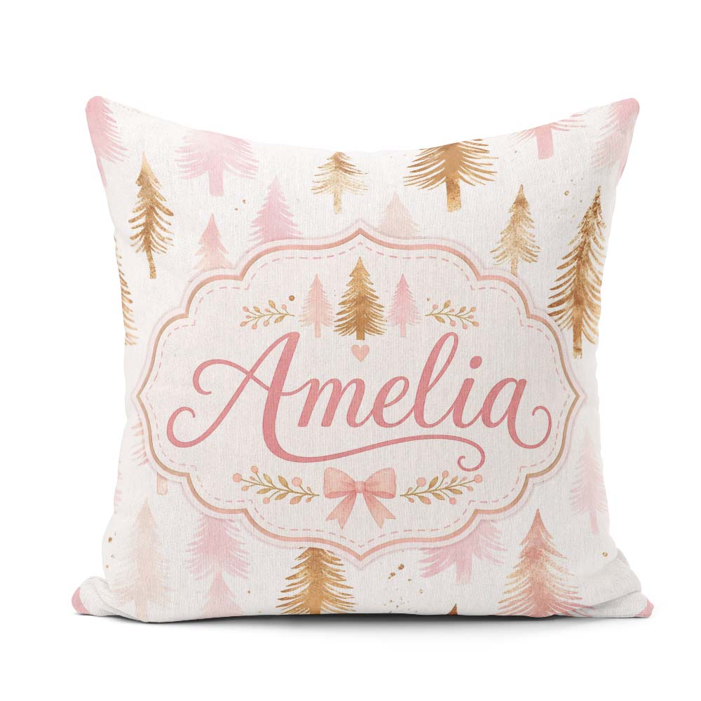 Custom Name Elegant Pink Gold Christmas Tree Watercolor Seamless Square Filled Cushion Throw Pillow Sofa Bed Home Decor Zip Washable UK Made