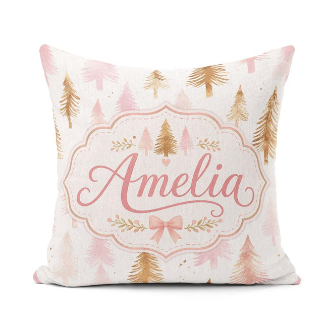 Custom Name Elegant Pink Gold Christmas Tree Watercolor Seamless Square Filled Cushion Throw Pillow Sofa Bed Home Decor Zip Washable UK Made