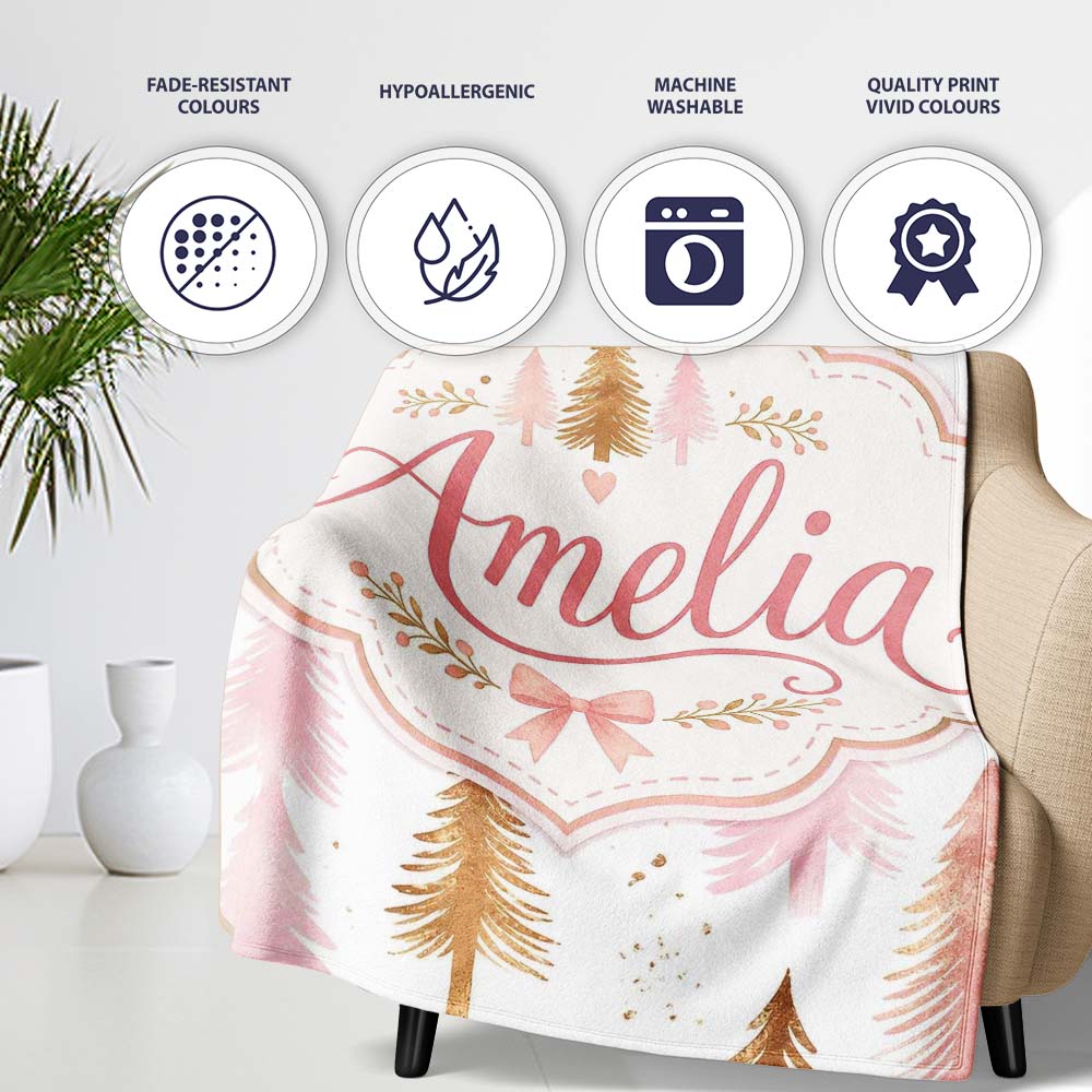 Elegant Pink and Gold Christmas Tree Watercolor Seamless Pattern  Personalised Custom Name Super Soft Fleece Blanket Bed Sofa Throw