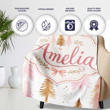 Elegant Pink and Gold Christmas Tree Watercolor Seamless Pattern  Personalised Custom Name Super Soft Fleece Blanket Bed Sofa Throw