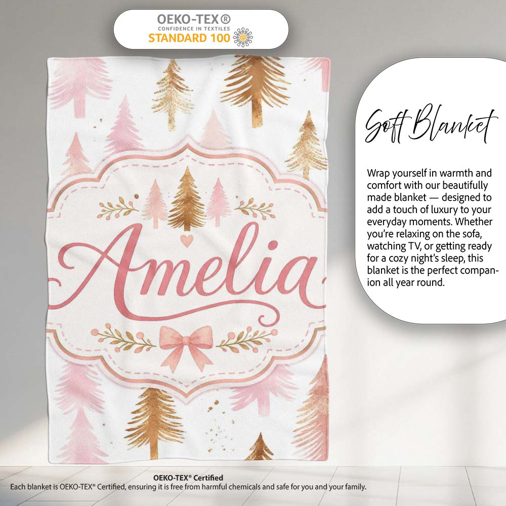 Elegant Pink and Gold Christmas Tree Watercolor Seamless Pattern  Personalised Custom Name Super Soft Fleece Blanket Bed Sofa Throw