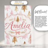 Elegant Pink and Gold Christmas Tree Watercolor Seamless Pattern  Personalised Custom Name Super Soft Fleece Blanket Bed Sofa Throw