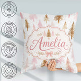 Custom Name Elegant Pink Gold Christmas Tree Watercolor Seamless Square Filled Cushion Throw Pillow Sofa Bed Home Decor Zip Washable UK Made