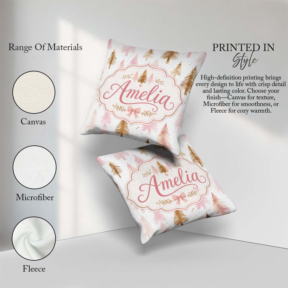 Custom Name Elegant Pink Gold Christmas Tree Watercolor Seamless Square Filled Cushion Throw Pillow Sofa Bed Home Decor Zip Washable UK Made
