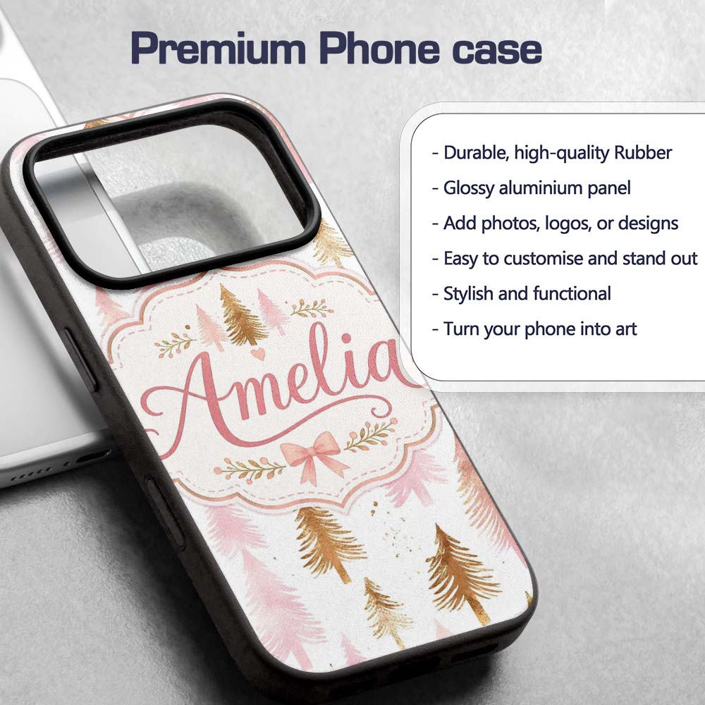 Elegant Pink and Gold Christmas Tree Watercolor Custom Name Protective Phone Case Mobile Cover Durable Everyday Smartphone Shock Resistant