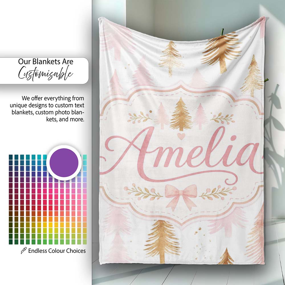 Elegant Pink and Gold Christmas Tree Watercolor Seamless Pattern  Personalised Custom Name Super Soft Fleece Blanket Bed Sofa Throw