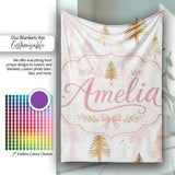 Elegant Pink and Gold Christmas Tree Watercolor Seamless Pattern  Personalised Custom Name Super Soft Fleece Blanket Bed Sofa Throw