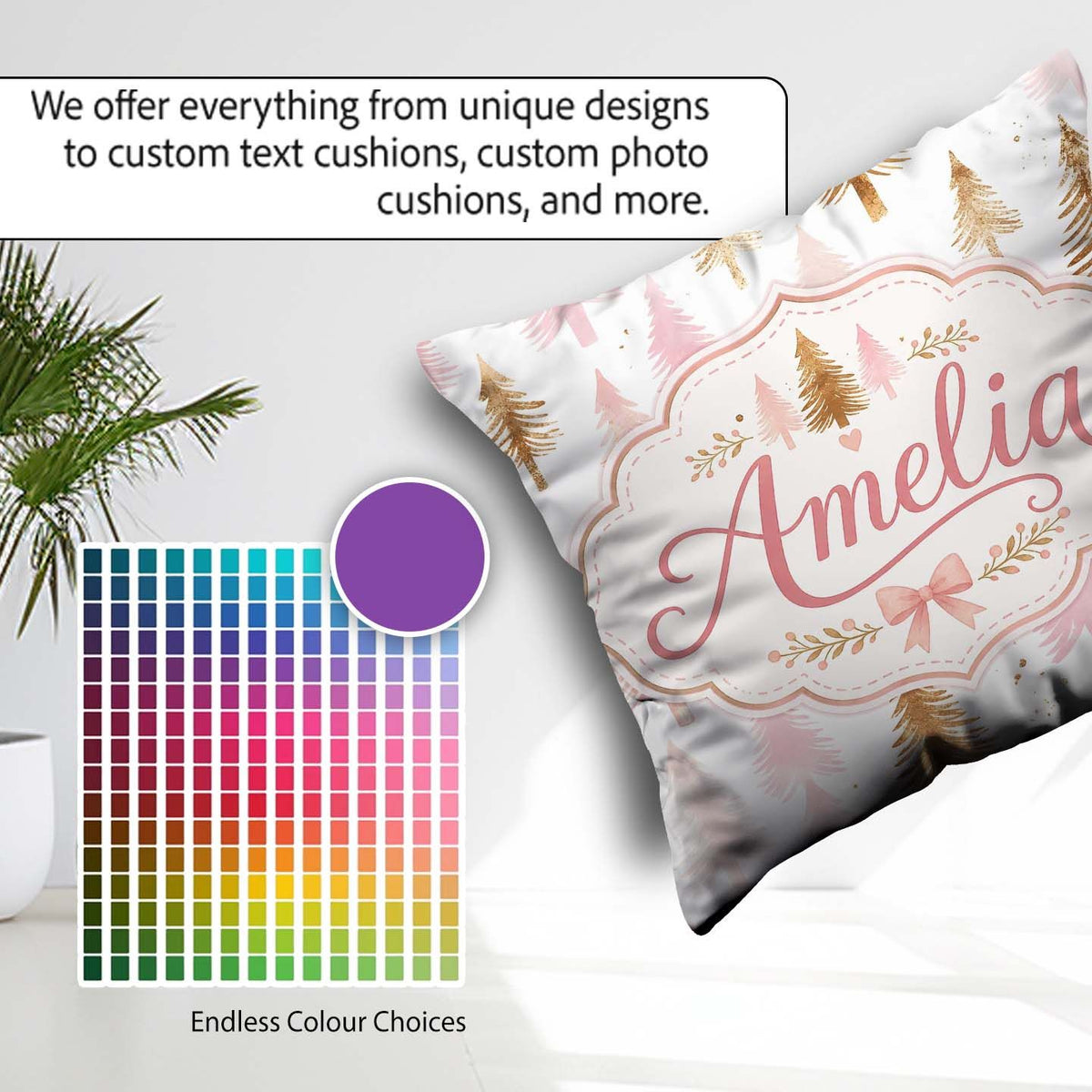 Custom Name Elegant Pink Gold Christmas Tree Watercolor Seamless Square Filled Cushion Throw Pillow Sofa Bed Home Decor Zip Washable UK Made