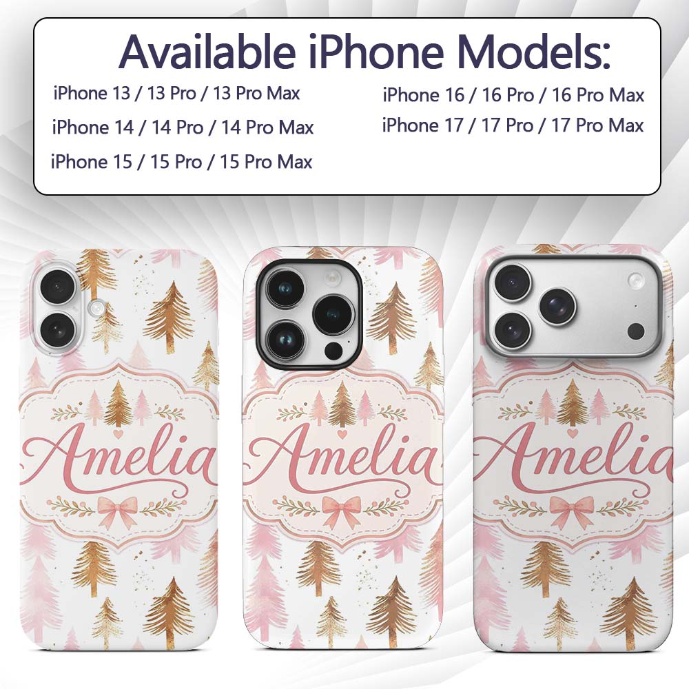 Elegant Pink and Gold Christmas Tree Watercolor Custom Name Protective Phone Case Mobile Cover Durable Everyday Smartphone Shock Resistant