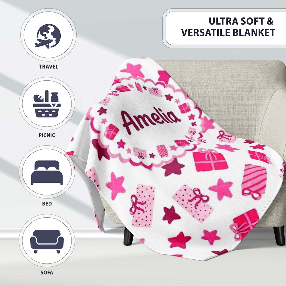 Cute Pink Gift Box Star Festive Seamless Pattern Cute Gift  Personalised Custom Name Super Soft Fleece Blanket Bed Sofa Throw