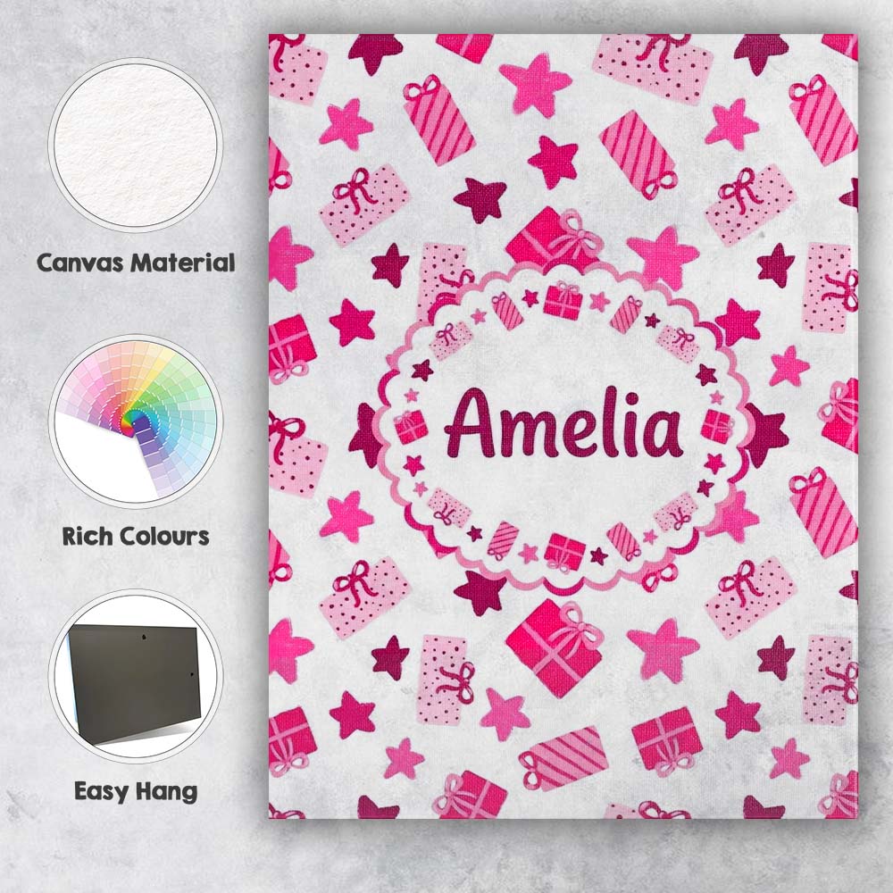 Personalised Name Cute Pink Gift Box Star Custom  Bespoke Decorative Contemporary Canvas Wall Art Print Decor Picture Ready to Hang