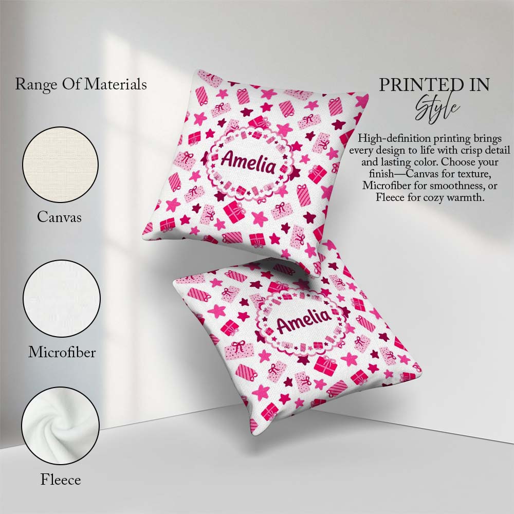 Custom Name Cute Pink Box Star Festive Seamless Pattern Cute Square Filled Cushion Throw Pillow Sofa Bed Home Decor Zip Washable UK Made