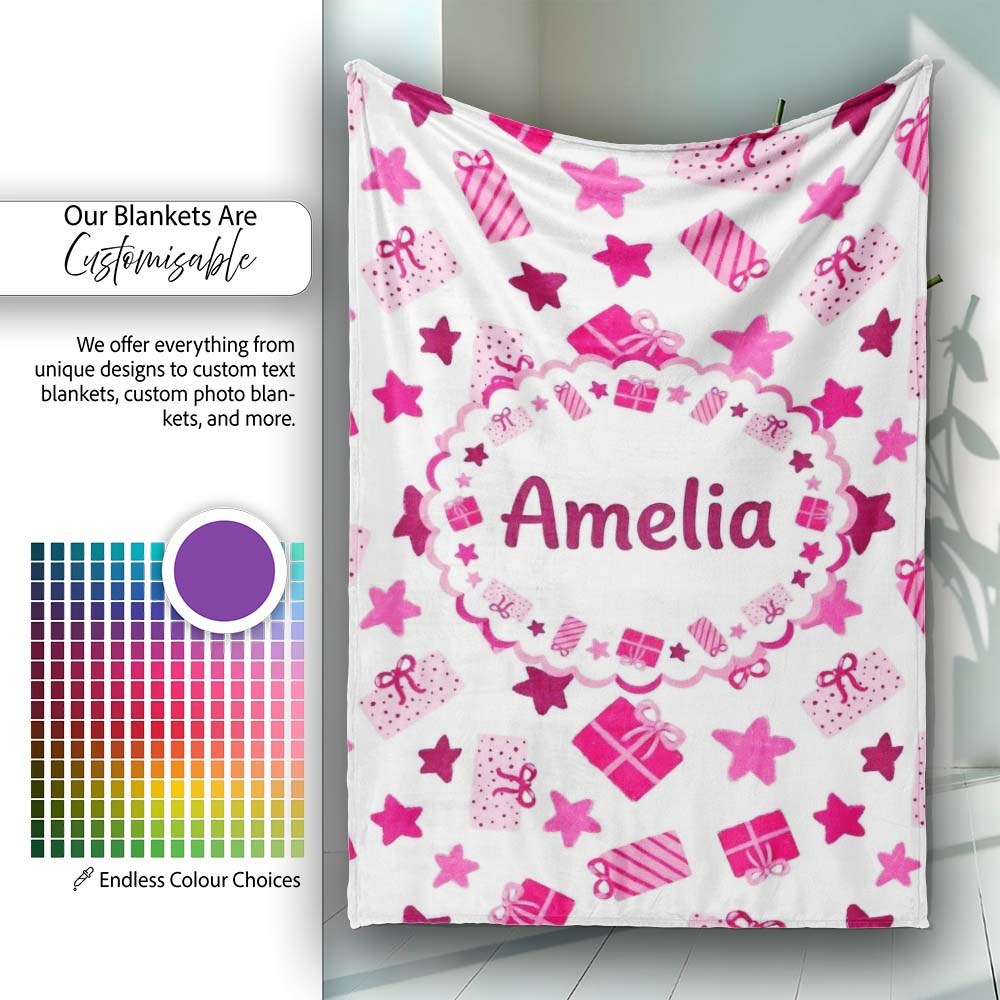 Cute Pink Gift Box Star Festive Seamless Pattern Cute Gift  Personalised Custom Name Super Soft Fleece Blanket Bed Sofa Throw