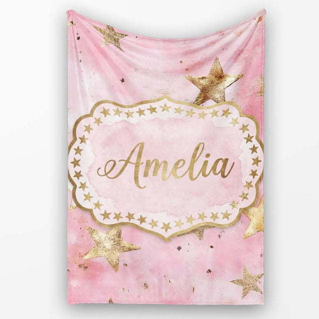 Gold Star Pink Watercolor Textured Festive Seamless Pattern Lovely  Personalised Custom Name Super Soft Fleece Blanket Bed Sofa Throw
