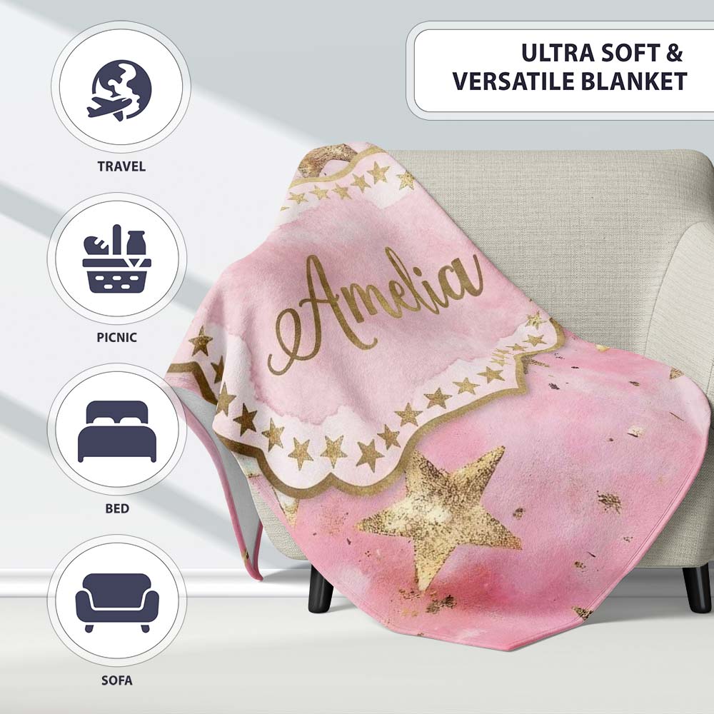 Gold Star Pink Watercolor Textured Festive Seamless Pattern Lovely  Personalised Custom Name Super Soft Fleece Blanket Bed Sofa Throw
