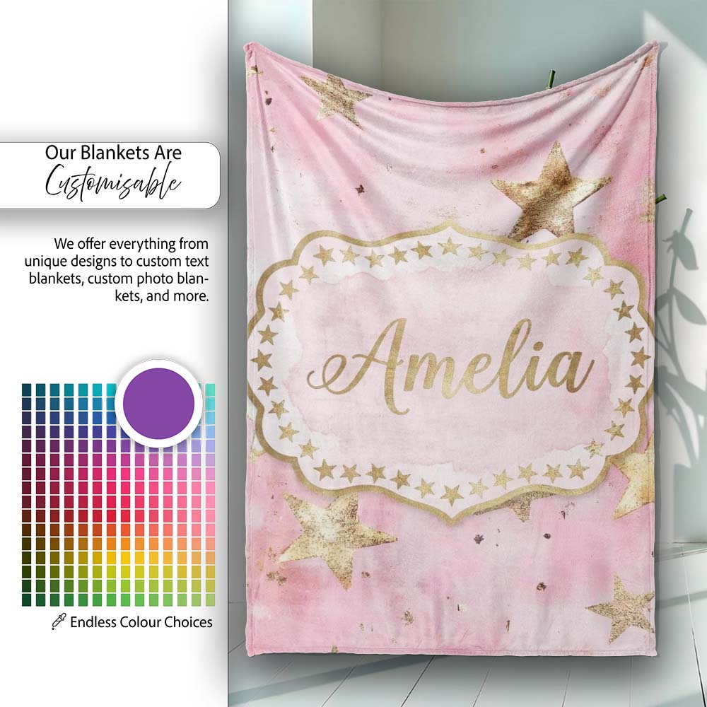 Gold Star Pink Watercolor Textured Festive Seamless Pattern Lovely  Personalised Custom Name Super Soft Fleece Blanket Bed Sofa Throw