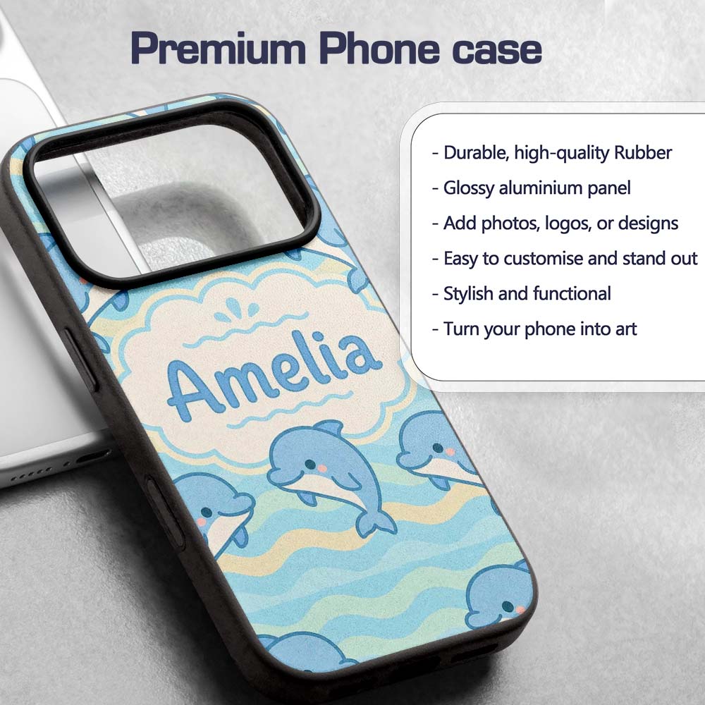 Cute Dolphin Waves Cartoon Animal Pattern Cute Custom Name Protective Phone Case Mobile Cover Durable Everyday Smartphone Shock Resistant