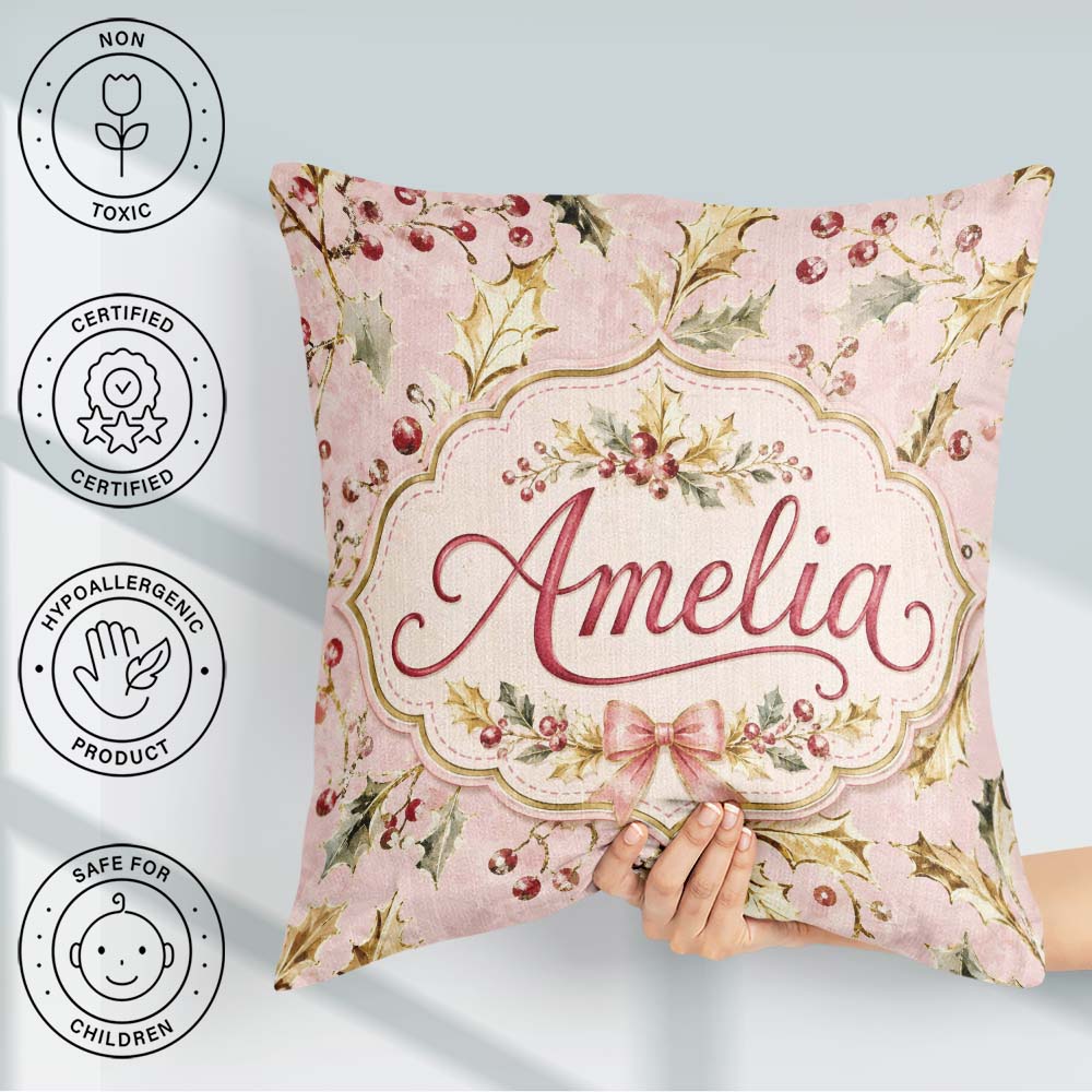 Custom Name Elegant Gold Holly Berry Soft Pink Festive Seamless Square Filled Cushion Throw Pillow Sofa Bed Home Decor Zip Washable UK Made