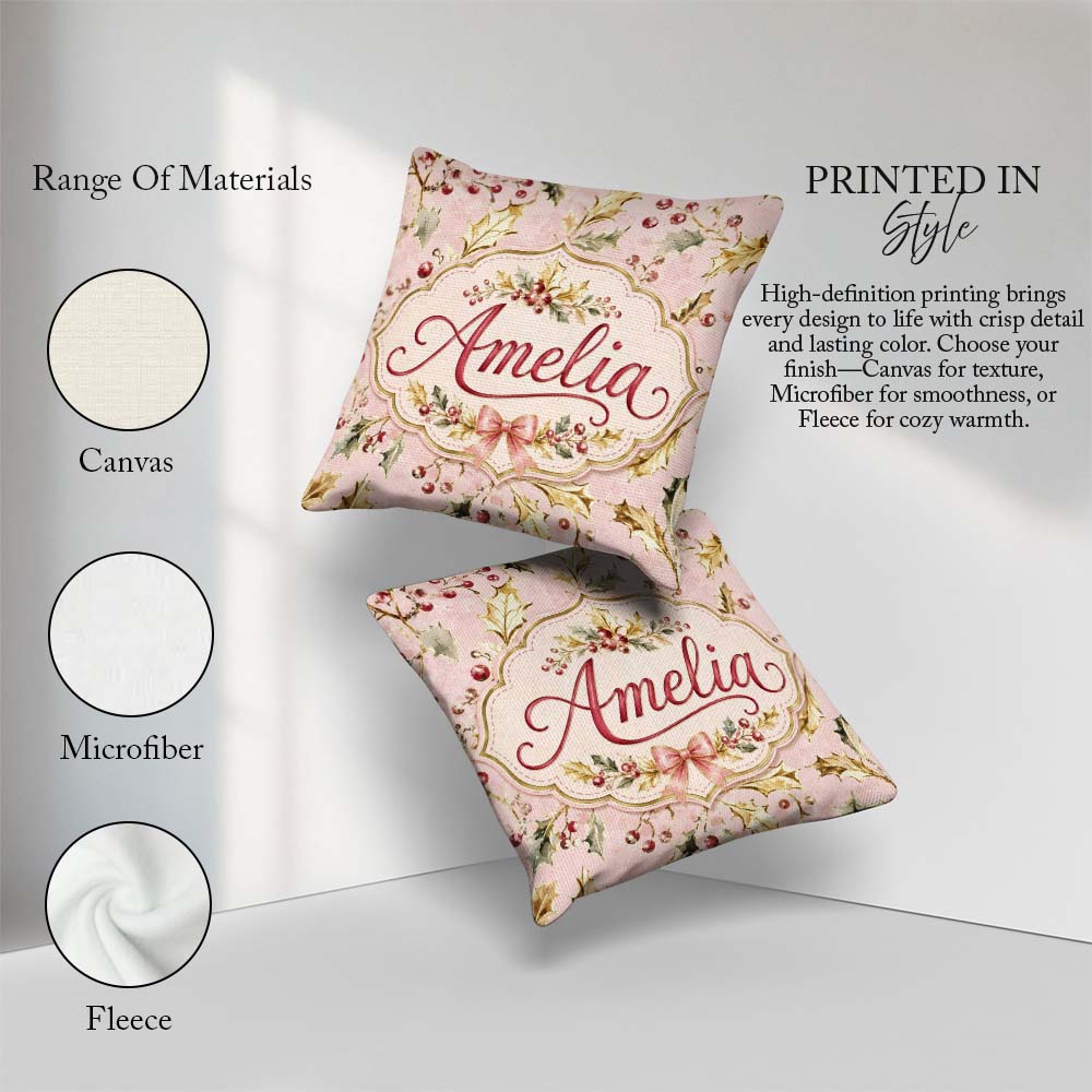 Custom Name Elegant Gold Holly Berry Soft Pink Festive Seamless Square Filled Cushion Throw Pillow Sofa Bed Home Decor Zip Washable UK Made