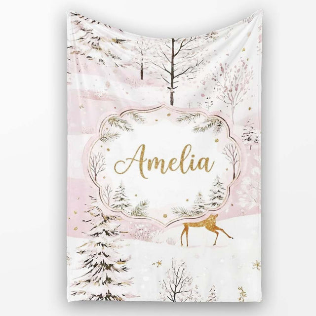 Winter Wonderland Deer Snowy Forest Pink Seamless Pattern Lovely  Personalised Custom Name Super Soft Fleece Blanket Bed Sofa Throw
