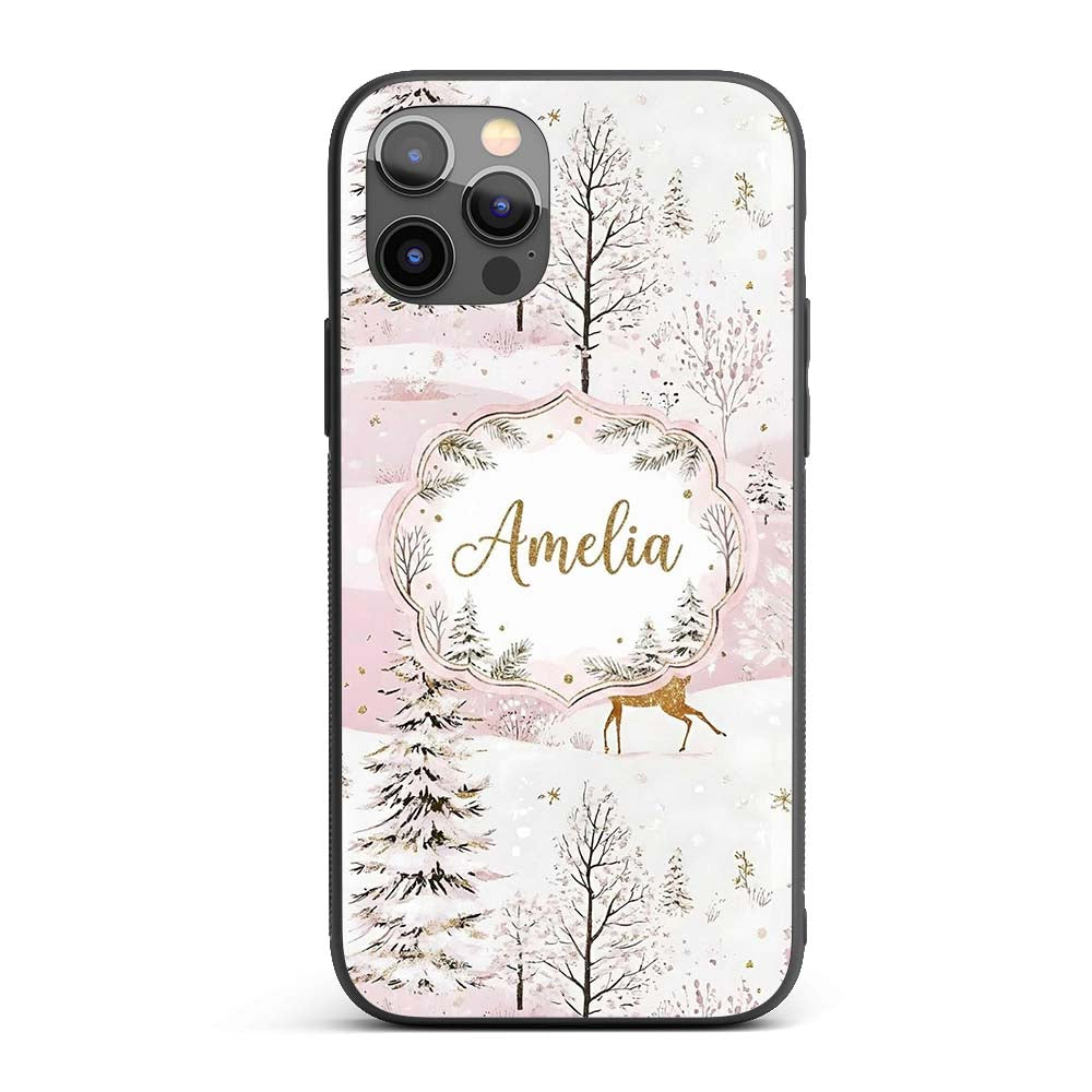 Winter Wonderland Deer Snowy Forest Pink Seamless Custom Name Protective Phone Case Mobile Cover Durable Everyday Smartphone Shock Resistant
